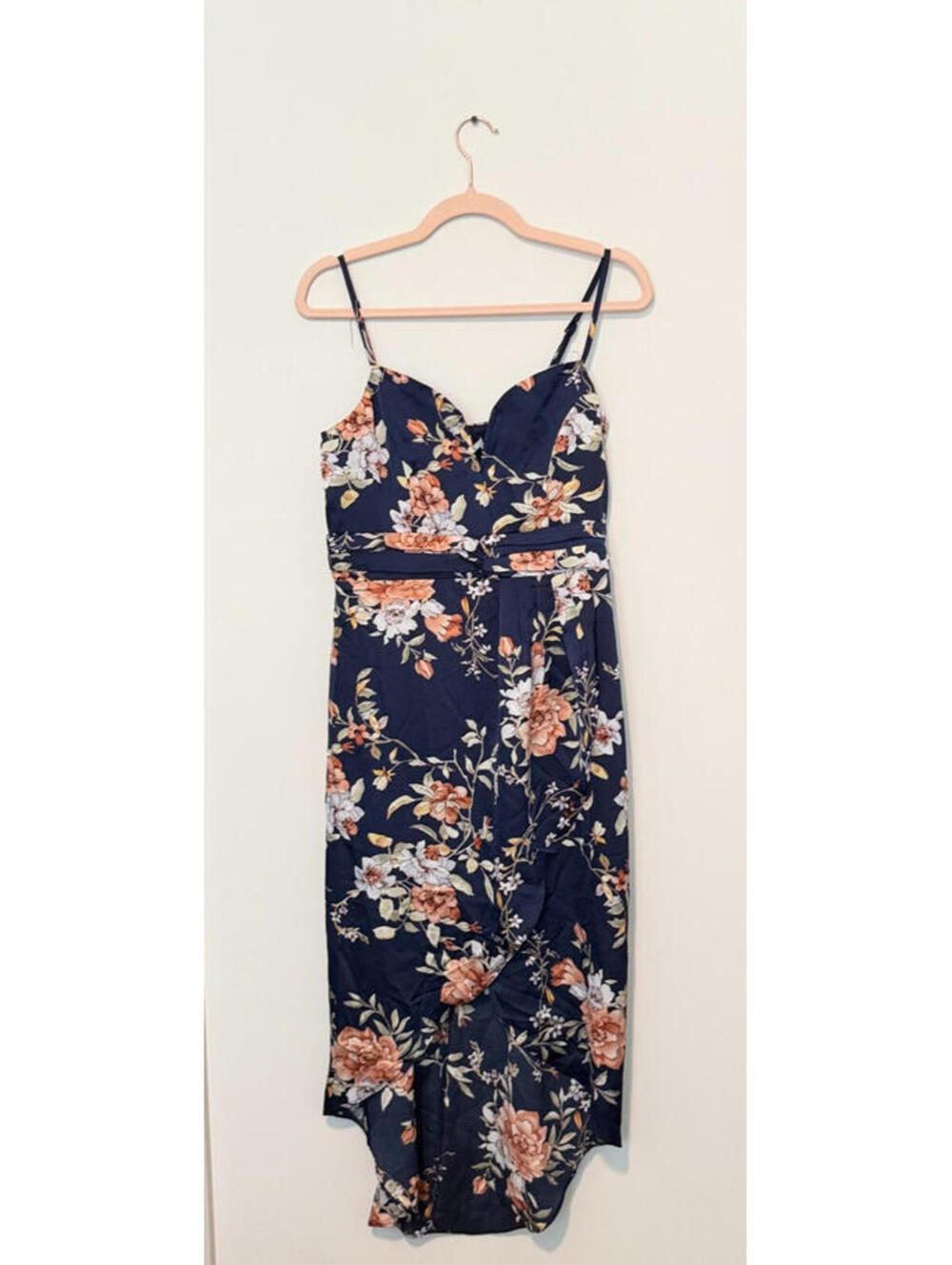 Women's Lulus "My Favorite Day" Navy Blue Floral Print Tulip Skirt Midi Dress